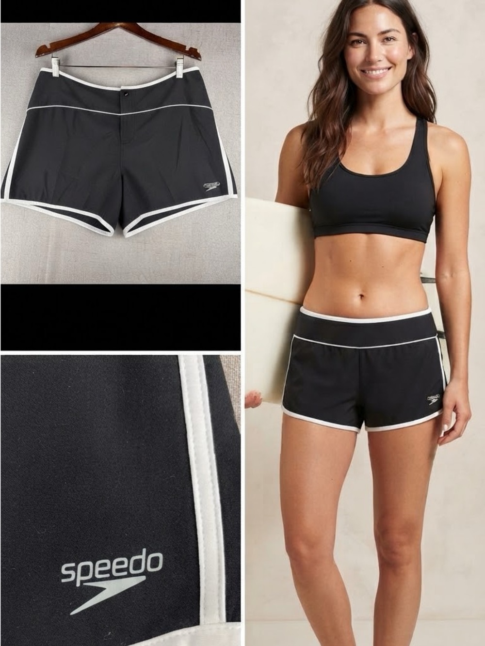 Women Speedo Mini Board Shorts Vintage Black White Flirty Beach Surf Zip Snap 12